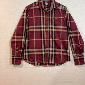 Men De Niko Long Sleeve Button-Up Shirt Burgundy Plaid Size L